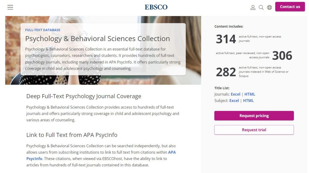 screenshot of Psychology and Behavioral Sciences collection's homepage 