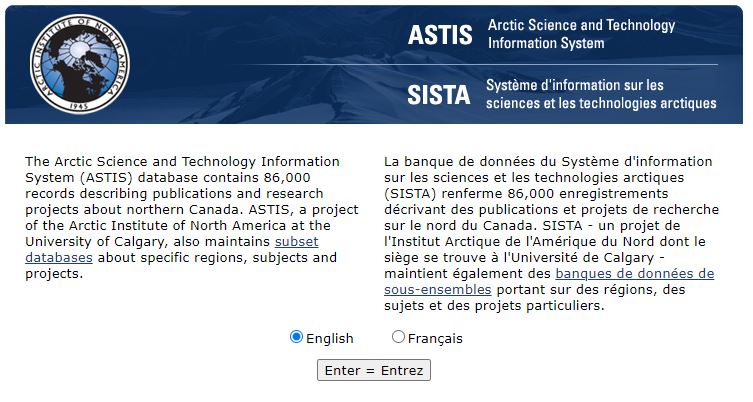 screenshot of Arctic Science and Technology Information System's homepage
