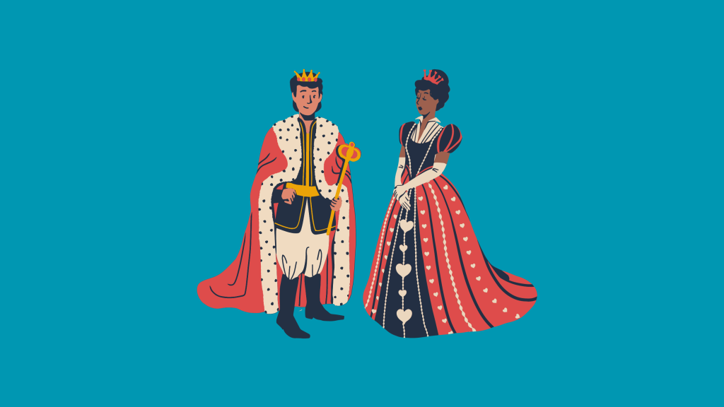 Illustrations of a man and woman in royal dress against a teal background, representing Queen Charlotte and King George