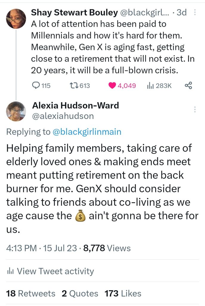 Tweet about the challenges facing an aging Gen X