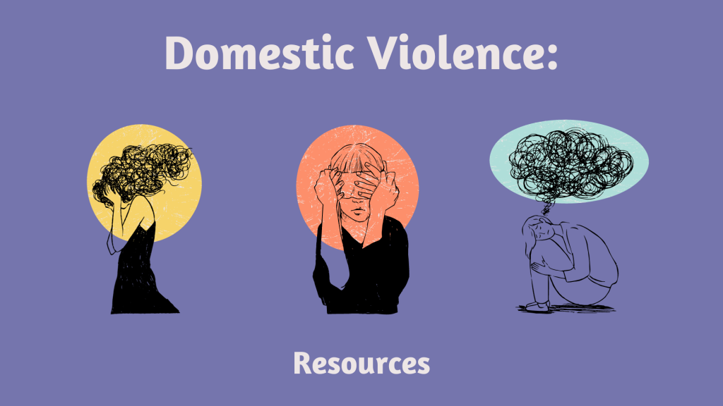 Illustrations of women in various states of distress because of domestic violence against a purple background