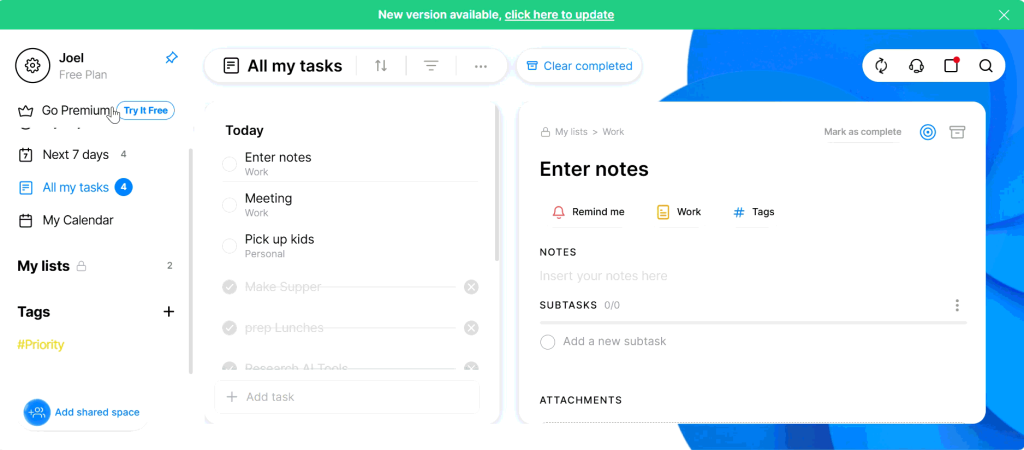 A screenshot of an Any.do to-do list, showing various tasks and an “enter notes” field