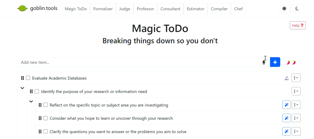 Goblin Tools’s breakdown of the task “Evaluate Academic Databases” into various subtasks