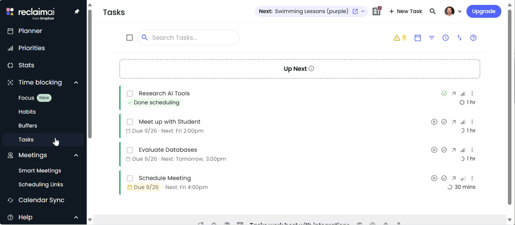 A screenshot of the Reclaim.ai interface, showing various to-do items and their estimated time to completion